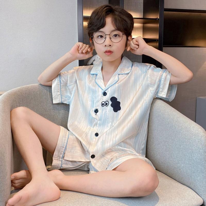 Boys Ice Silk Pajama Set Short Sleeve Lightweight Cartoon Sleepwear Teens Ages 8