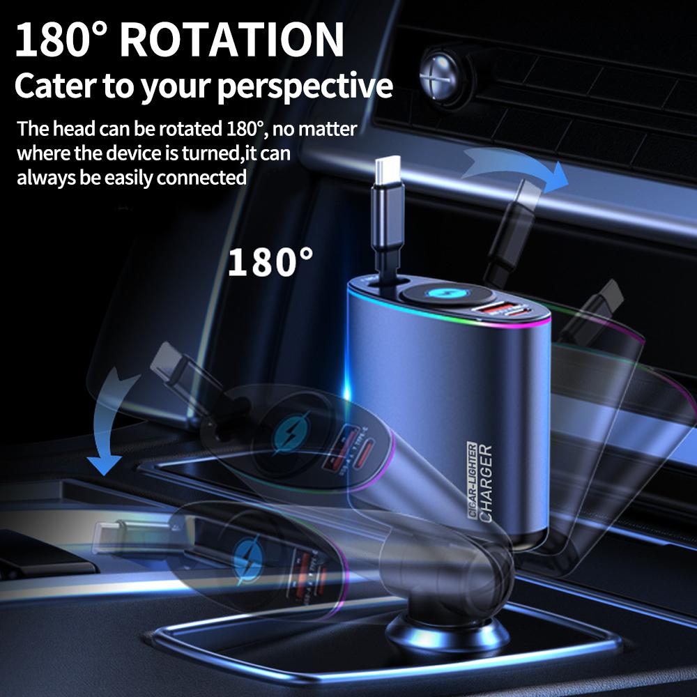 Втягивающееся автомобильное зарядное устройство USB C 66 Вт Быстрая зарядка Прикуриватель для iPhone 16 15 Pro Samsung Разъем питания с подсветкой