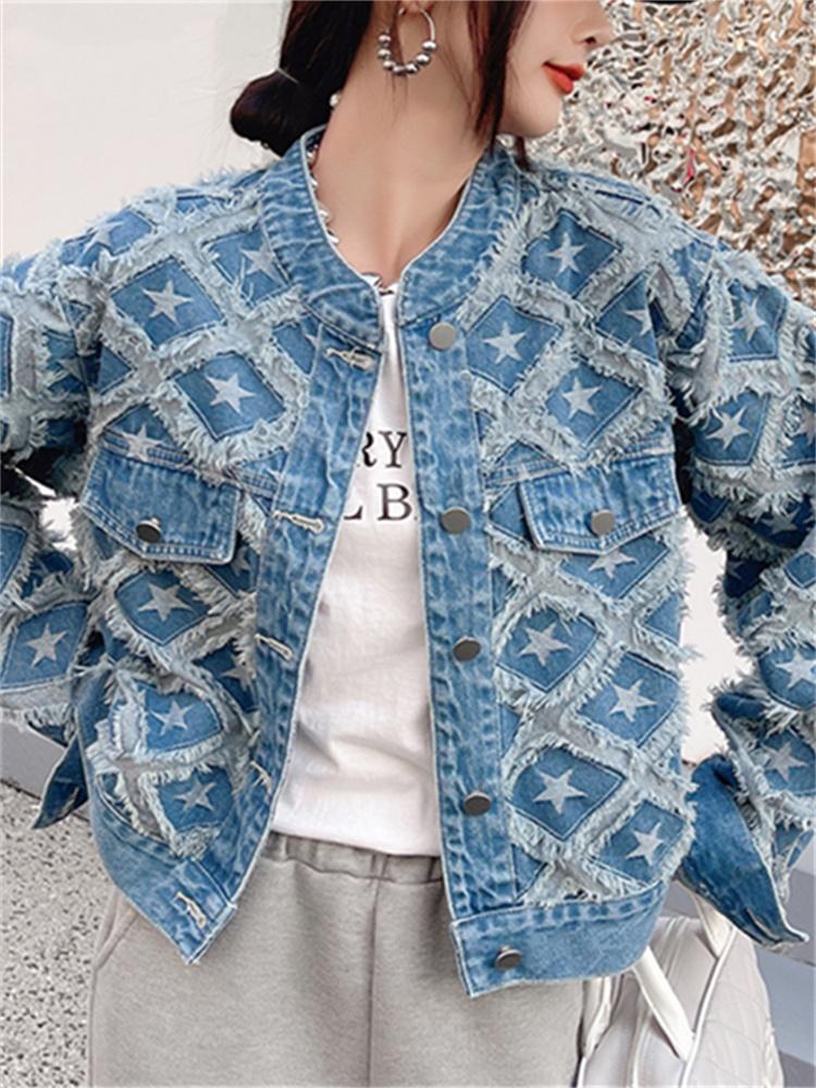 Джинсовая куртка с геометрическим рисунком для женщин, новая модная осенне-зимняя джинсовая куртка с длинными рукавами, уличная однобортная куртка