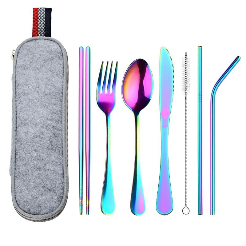 Travel Dinnerware Set Portable Cutlery Camping Dinner Sets Stainless Steel Tableware Rainbow With Straw Kit Brush Chopstick Bag