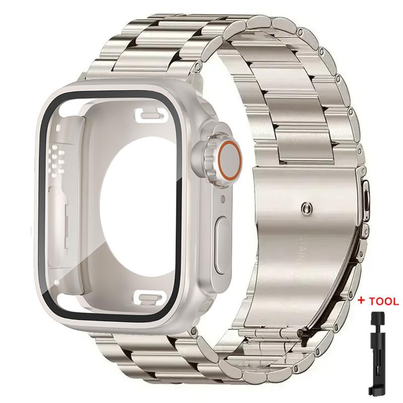 Стеклянный корпус + Металлический ремешок из нержавеющей стали для Apple Watch S11 S10 42 мм 46 мм 45 мм 44 мм 41 мм 40 мм iWatch Серии 11 10 9 8 7 6 5 4 se