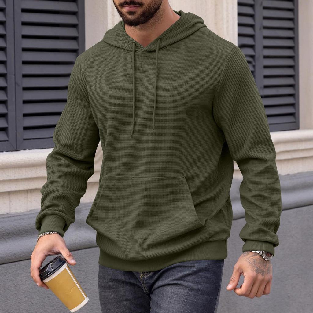 Men's Long Sleeve Textured Hooded Sweatshirt Casual Lightweight Hoodies Pullover Drawstring Hoodie With Kanga Pocket