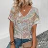 Elegant Women's V-neck T-shirt Retro Casual Women's Short-sleeved Fashion Floral Pattern Women's Printed T-shirt