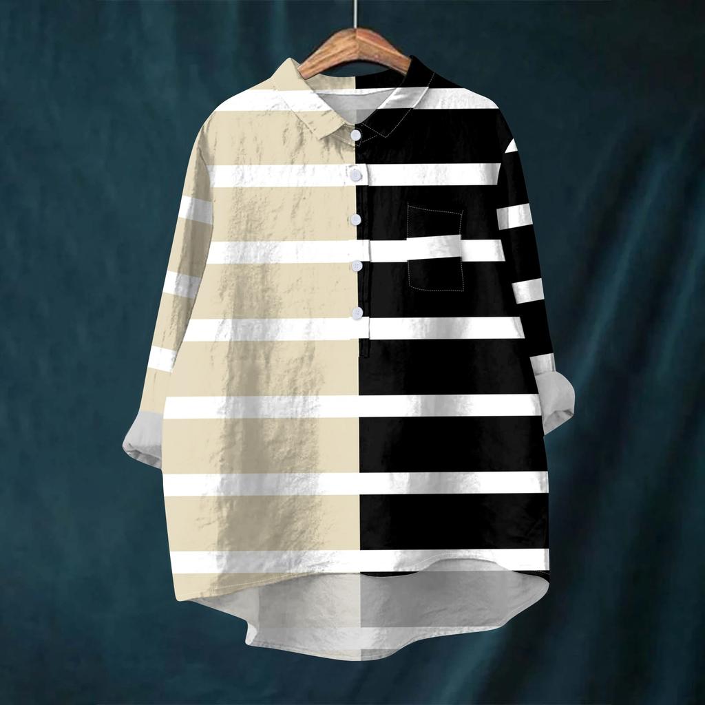 Women's Shirt Blouse Long-sleeved With Buttons Print Casual Hem Irregular Shirt Collar Top