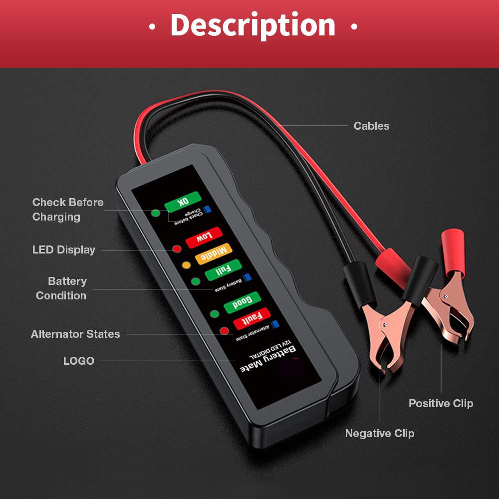 12V Car Battery Tester, Alternator Tester Automotive,Battery Checker, Analyzer To Check Alternator & Battery Charging System,LED