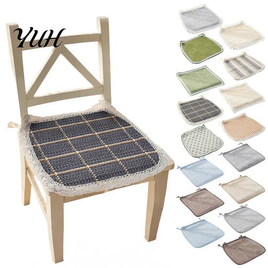 Minimalist Chair Mats for Study Cotton Linen Pad with Ties, Striped Plaid Mat French Pastoral Style Seat Pads Lace Trim, Breathable Dining Office