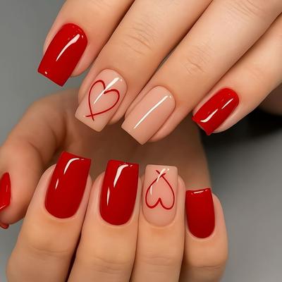 24 шт. Глянцевые Короткие Квадратные Накладные Ногти Простого Винно-Красного Цвета с Рисунком Сердец Французские Милые Валентиновские Накладные Ногти для Женщин Праздничные Ногти