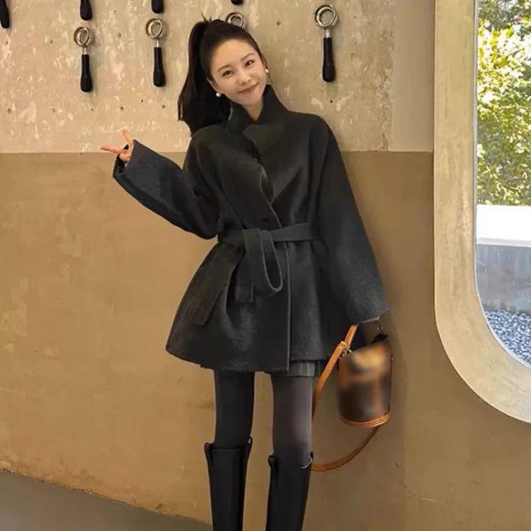 2025 Женское пальто из шерсти петит двустороннее - Короткий воротник-стойка Осенне-зимний стиль со спандексом.