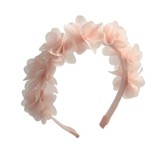 Soft Yarn Headband with Gauze Flowers Faux Pearls Decor Romantic Style Elastic Crown Hairband Parties Weddings Daily Wear
