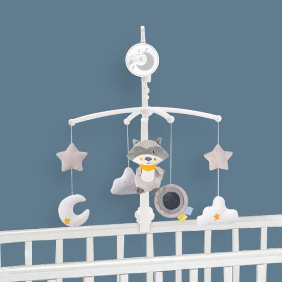 Игрушка-погремушка для кроватки Вращающийся музыкальный колокольчик Милая енотовидная сова Плюшевая кукла Эмоциональный комфорт Успокаивающая игрушка Подвесная игрушка-погремушка Прикроватный кронштейн для звонка Игрушка для малышей