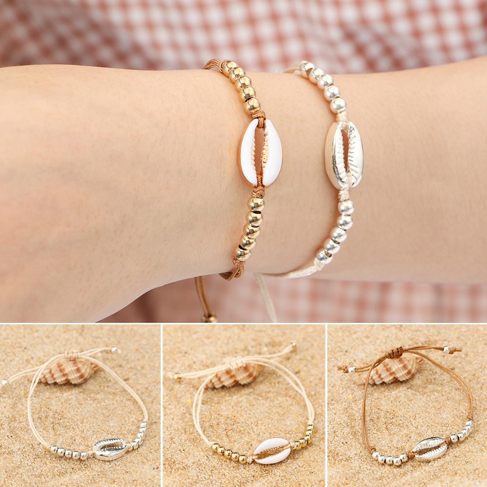 New Ethnic Gold Silver Handmade Weave Rope Bangles Shell Bead Bracelets Adjustable Bohemia