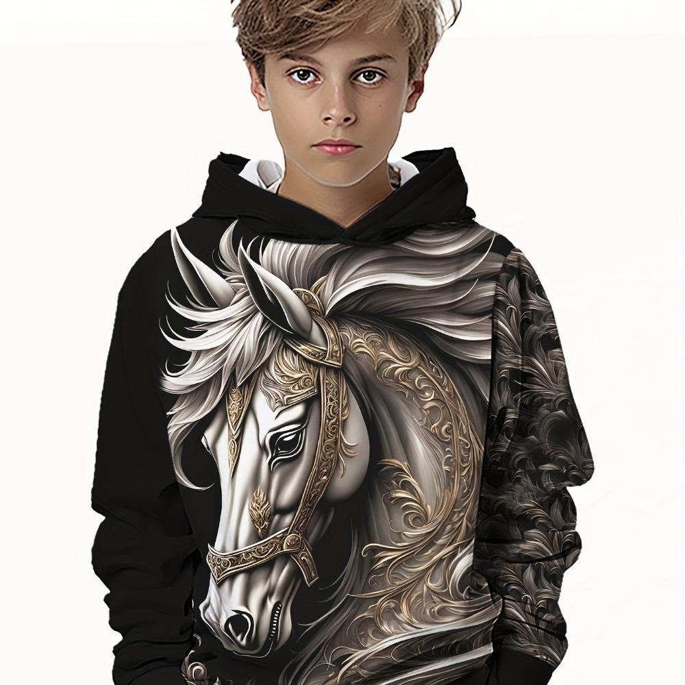 Boys' Hooded Sweatshirt, Long Sleeve, Running Horse Print, Children's Spring and Autumn Clothing, Fashionable Outdoor Pullover