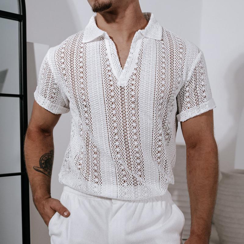 Белая кружевная рубашка узкого кроя в европейском и американском стиле: Повседневная и модная рубашка с длинным рукавом для мужчин