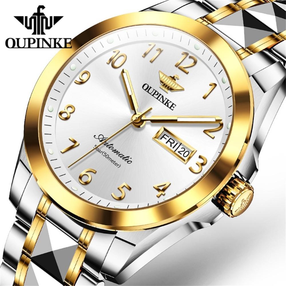 OUPINKE Men's Watch Automatic Mechanical Watch Stainless Steel Business Double Calendar Anti-high-end Watch