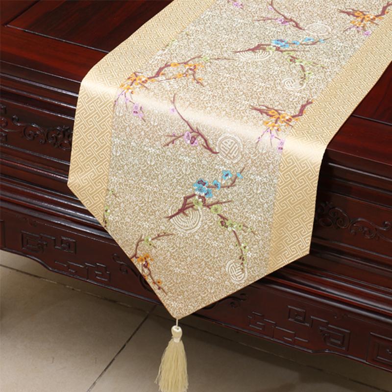Chinese Silk Dragon Phoenix Floral Table Runner with Tassels and Lace Wedding Decor Centerpiece