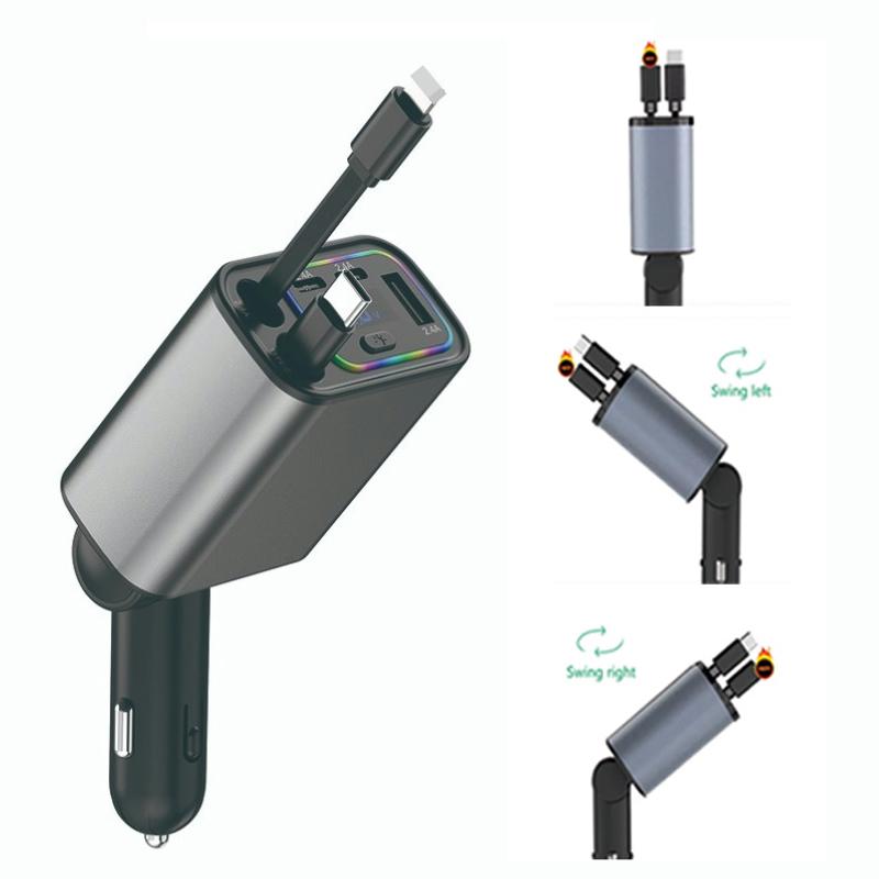 PD+USB Type C Автомобильное быстрое зарядное устройство с 2 выдвижными кабелями Зарядное устройство для телефона Вольтметр Светодиодный дисплей Адаптер питания 5 в 1 для iPhone iPad