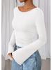 2025 Autumn Slim Fit Women's Boat Neck Bell Sleeve Ruched Top - Solid Color, Long Sleeve