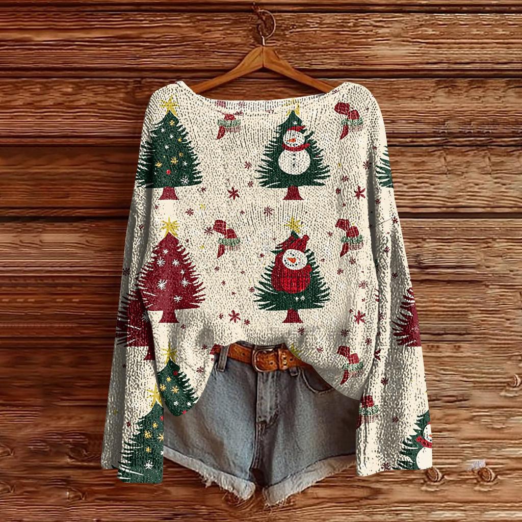Women's Christmas Print Lightweight Sweater Casual Long Sleeve Knitted Pullover