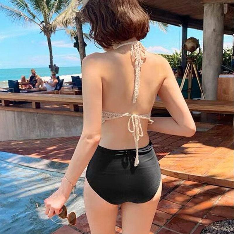Korean ins style swimsuit female split bikini sexy small breasts gather high waist to cover belly and look thin knitted swimsuit