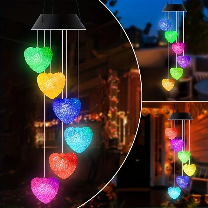 1pc Solar Rice Grain White Ball/Heart Wind Chime Light Outdoor Waterproof Color Changing LED Hanging Lamps for Home Garden Decor