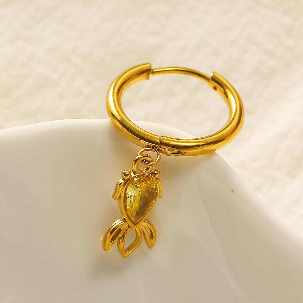 Cute Multi-color Zircon Goldfish Pendant Earrings Gold Plated Round Circle Hoop Earrings Stainless Steel Fashion Jewelry Aretes