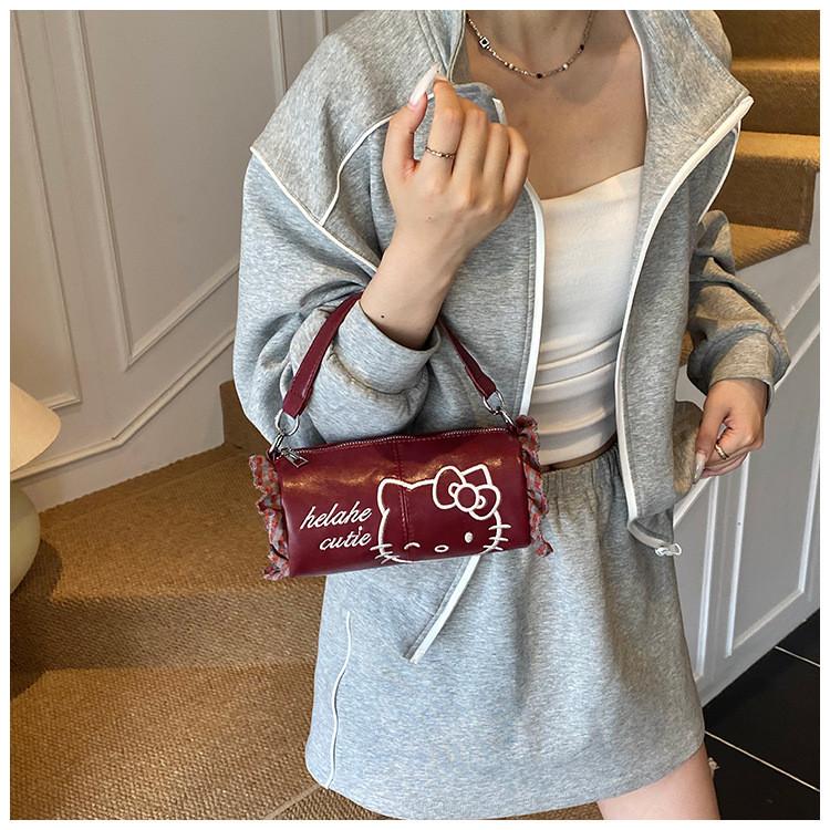 Kitty Hello Embroidered Grid Lace Decor Women Single Shoulder Cylindrical Bag