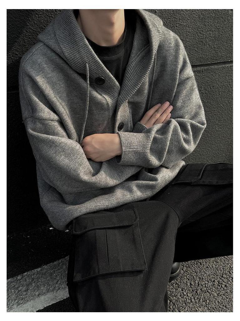 Men's Gray Hooded Knit Sweater - Retro Loose Fit Casual Autumn/Winter Outerwear
