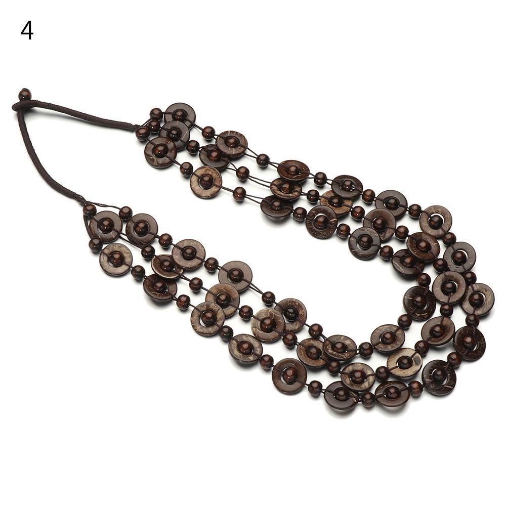 Women Bead Woven Long Necklace Bohemian Ethnic Coconut Shell Pendant Multi-layered