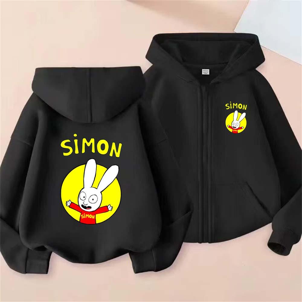 Simon Kids Funny Cartoon Print Spring Autumn Casual Zipper Hooded Sweatshirts 2-13 Years Boys Girls Simple Streetwear Clothing
