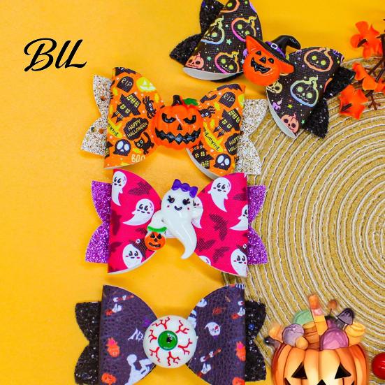 Glitter Bow Hair Accessories Halloween Clips for Kids Baby Girls, Double Layer Artificial Leather Ghost/Pumpkin/Eyeball Bowtie Pins Decorations