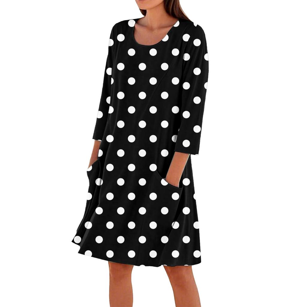 Женское однотонное модное свободное повседневное платье с рукавом три четверти Женское модное свободное повседневное платье с принтом в горошек и рукавом три четверти