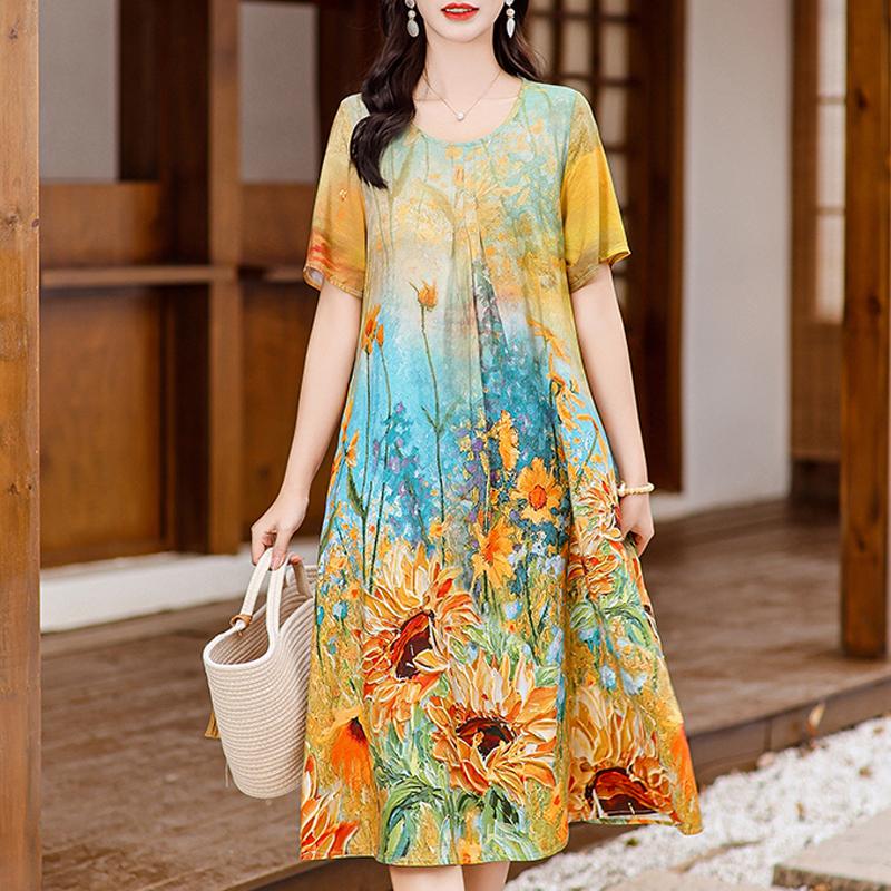 Летние элегантные длинные платья для женщин, большие размеры, свободное женское платье с коротким рукавом и винтажным принтом