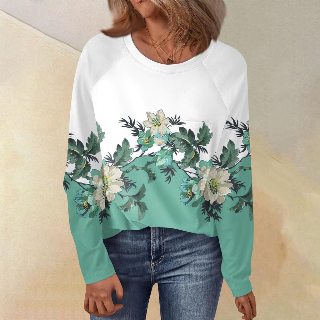 Женский свободный топ с круглым вырезом, цветочным принтом и длинными рукавами