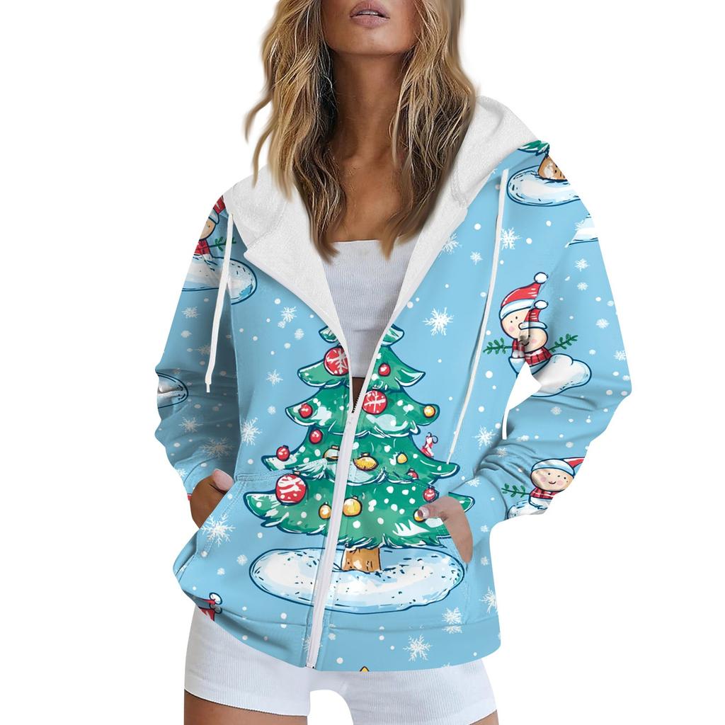 Женская рождественская печатная толстовка осень-зима с длинным рукавом кардиган куртка с карманами на молнии толстовка с капюшоном верхняя одежда