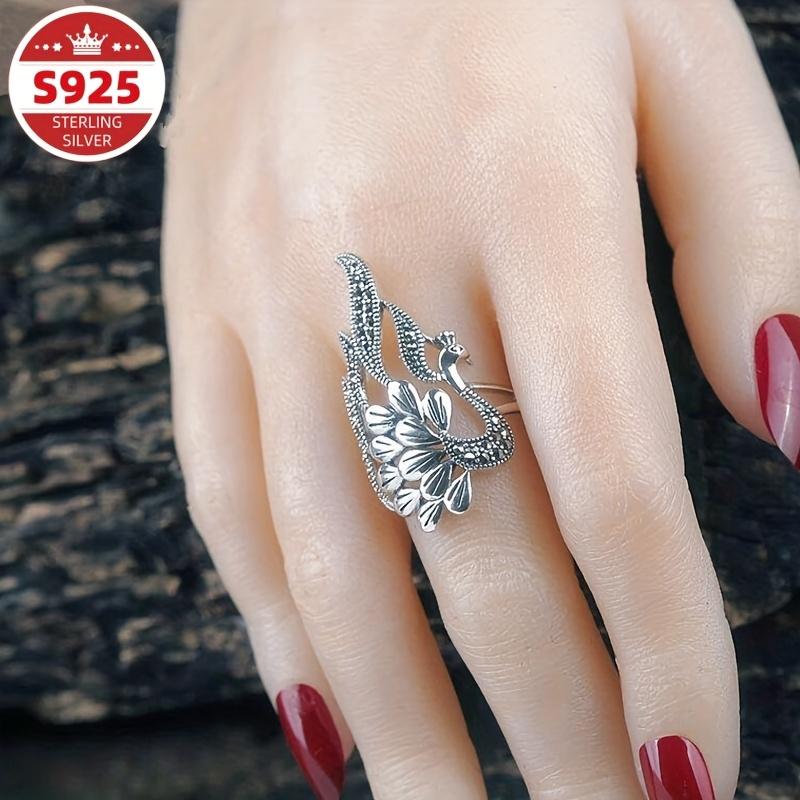 S The adjustable vintage sterling silver ring with peacock hollow screen and feather open design is an essential accessory for Valentine's Day,
