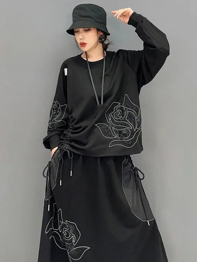 Xitao Свободные складки в стиле пэчворк, комплект из двух предметов, нерегулярная юбка, женский пуловер, топ HQQ1627