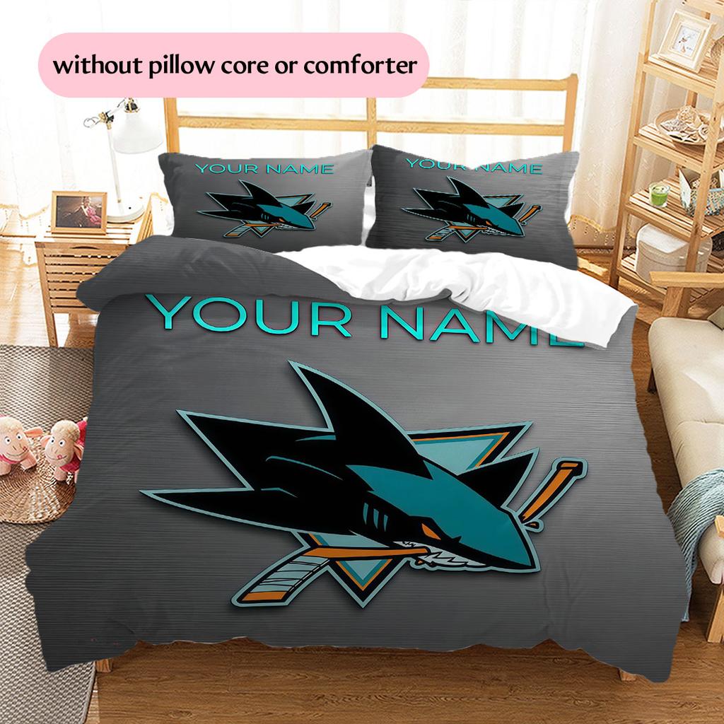 Custom Name,San Jose Sharks Pattern Bedding Home Decoration Birthday Gift ( 1 duvet cover + 2 pillowcase, without core),fan merchandise.