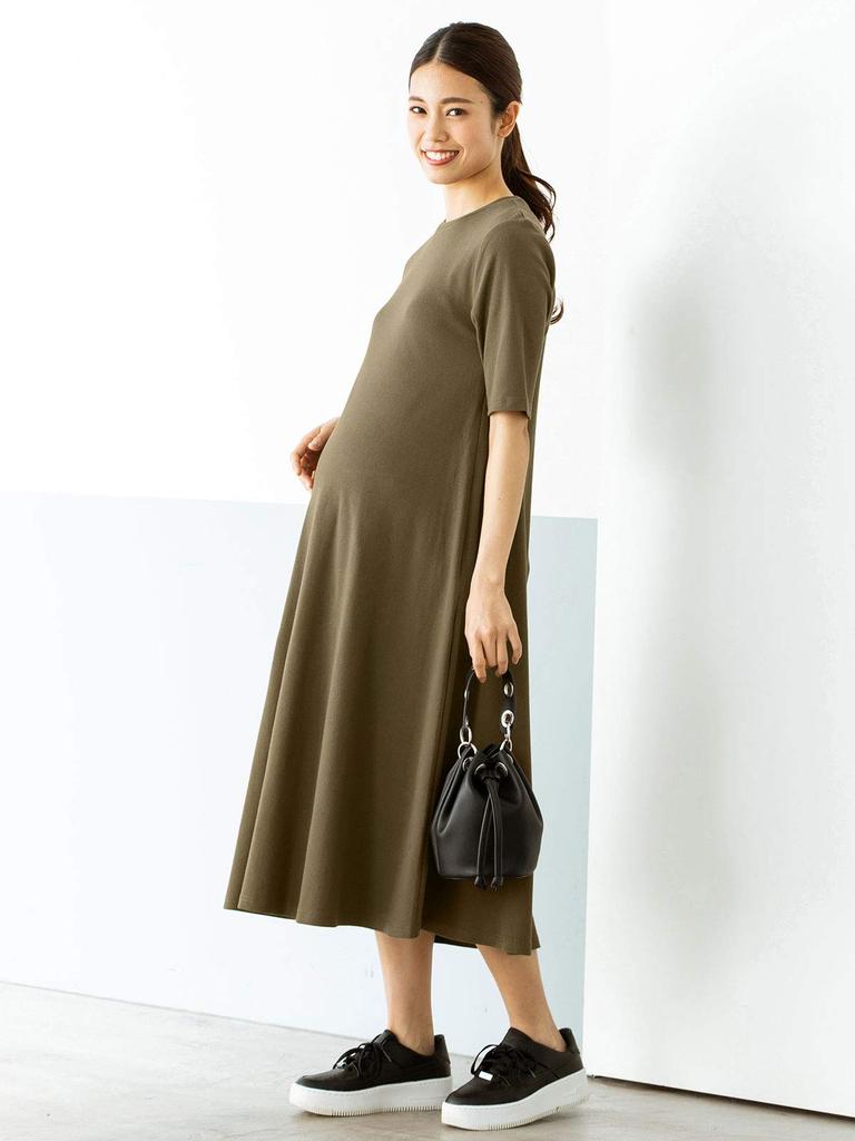 ANGELIEBE Maternity Nursing Mouth Teleco Short Sleeve Dress Prenatal and Postnatal Nursing Clothes Calf Length Khaki 29191302 A-Line M-L