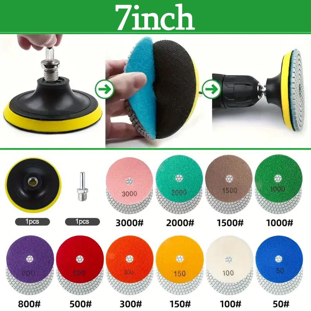 12pcs 3-7Inch Diamond Polishing Pads Dry/Wet Buff Disc Abrasive for Granite Quartz Tile Glass with Hook&Loop Backing Holder