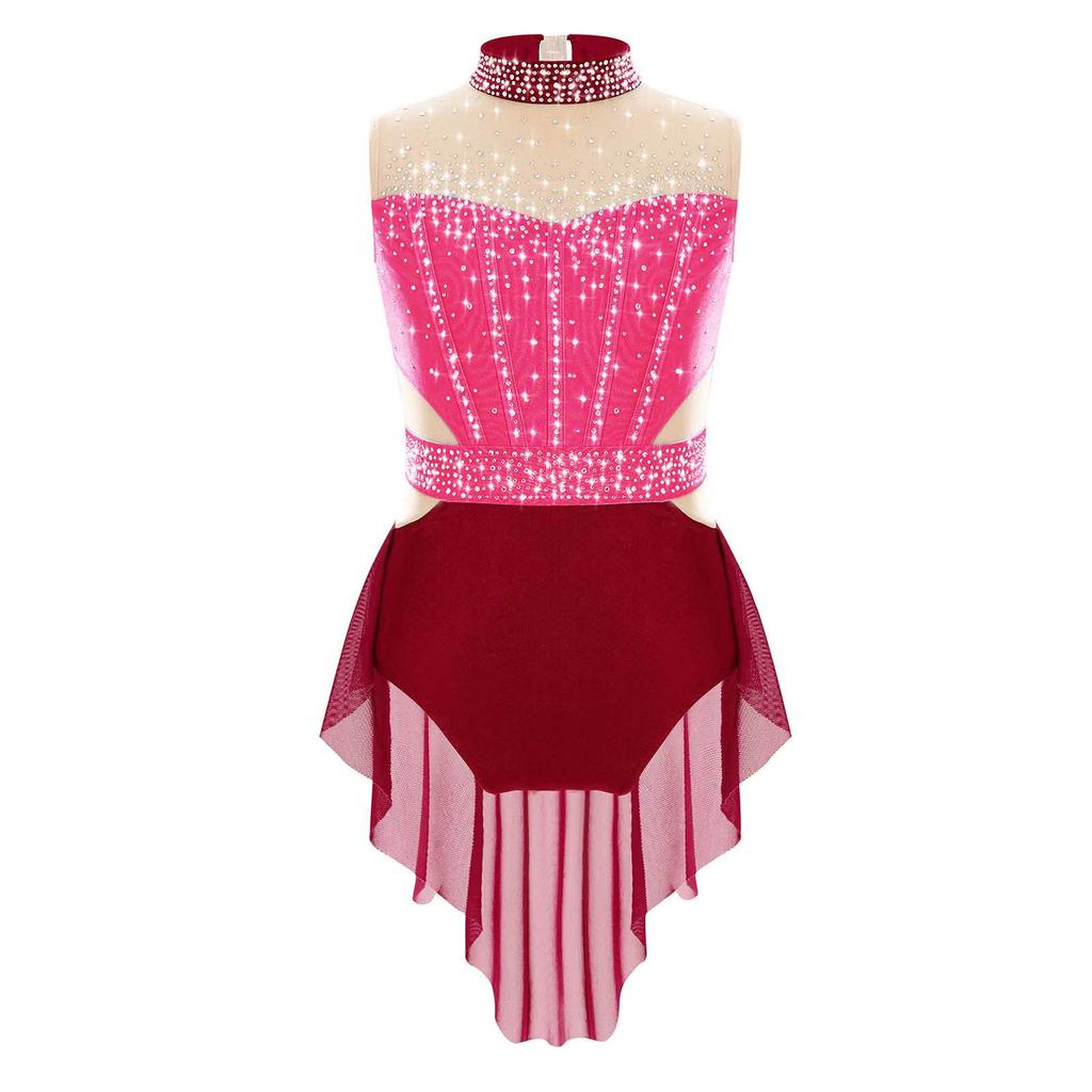 Девочки Спортивный купальник с высоким воротом, без рукавов, со стразами, цветной блок, сетчатая юбка