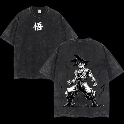 Goku T Shirt Men Acid Wash Oversized Anime Manga Black White Style Cotton Vintage Gym Streetwear Lightning Graphic Back Tee