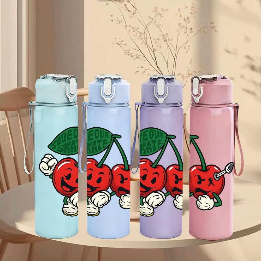 1PC Cherry Fruit Berry Design 750ml Color Plastic Sports Water Bottle Leakproof Flip Straw Lid Suitable for Sports Office Home Use