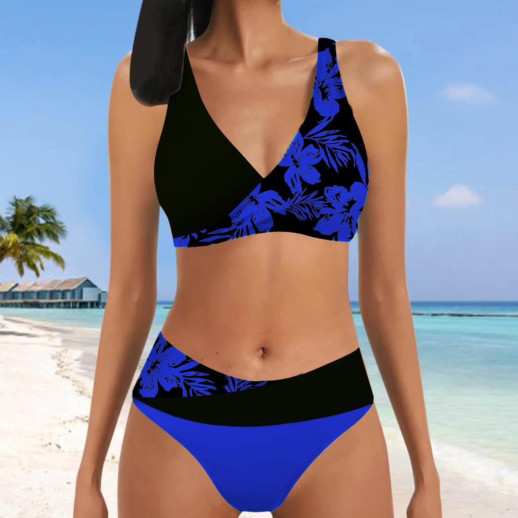 Women's Halter Two Colored Flowers Print Bikini Tankini Swimsuit