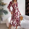 Lady Spring Fall Dress V Neck Floral Print Long Sleeves High Tight Waist A-line Flowy Ruffle Hem Dating Shopping Midi Dress