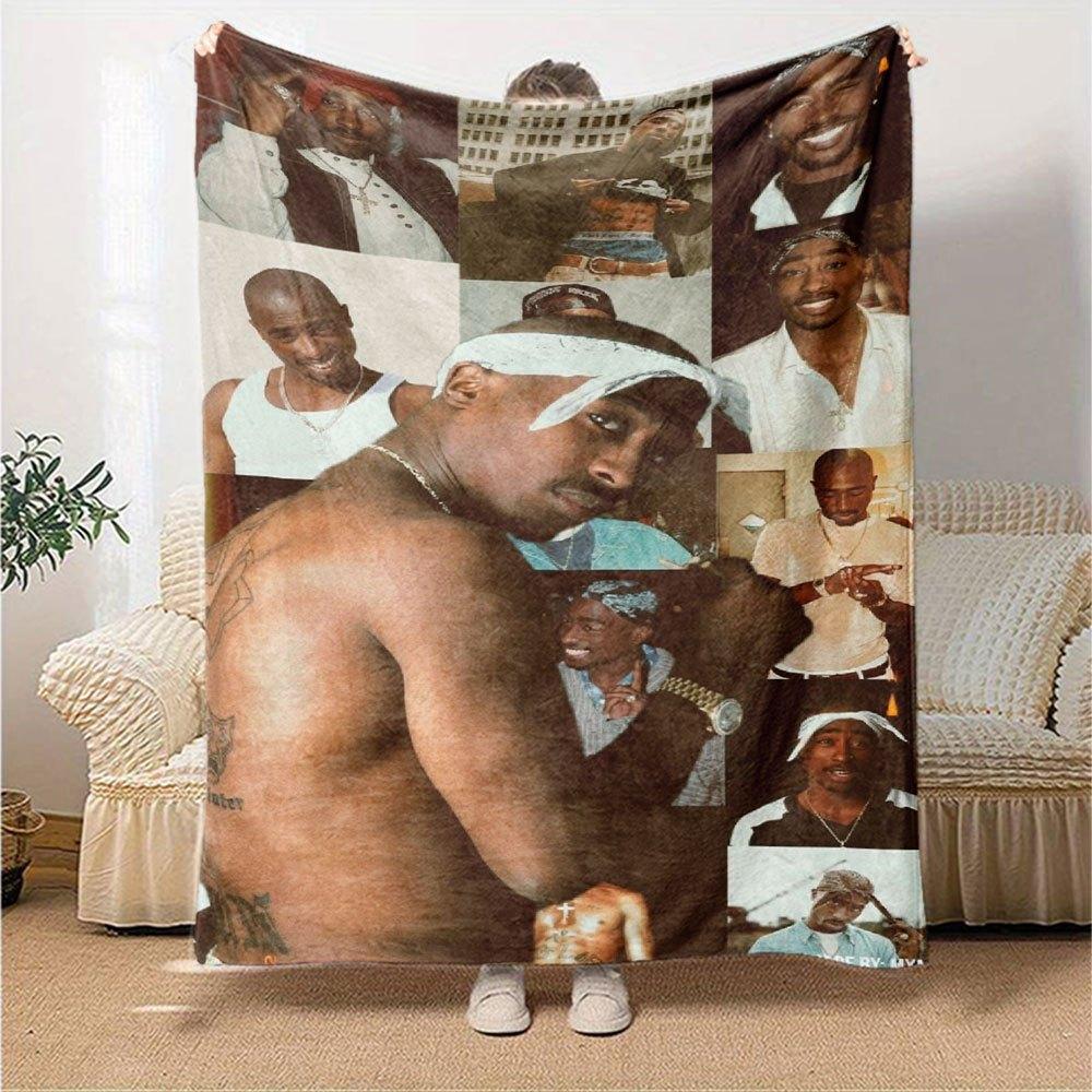 1pc 2PacHip Hop Blanket Soft Lightweight All Season Multi Purpose Throw for Sofa, Bed, Office & Picnics, French Style with Iconic Album Art & Quotes