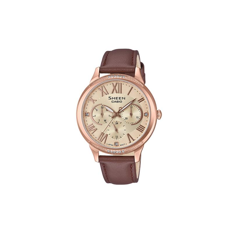 Casio Серия SHEEN Классические Элегантные Трехстрелочные Трехглазые Кварцевые Часы Ремешок из Натуральной Кожи Японские и Корейские Часы Женские SHE-3058PGL-9A