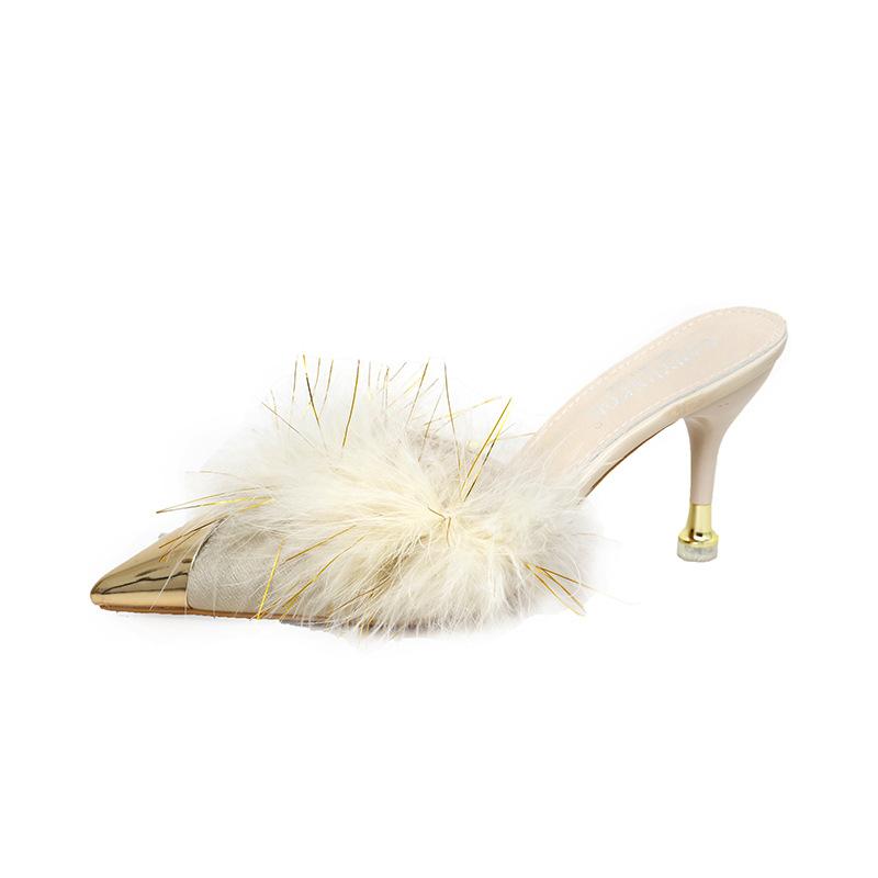 2024 Новые туфли Baotou на высоком каблуке с острым носком, женские туфли Muller на толстом каблуке, модные туфли-лодочки с перьями в стиле феи