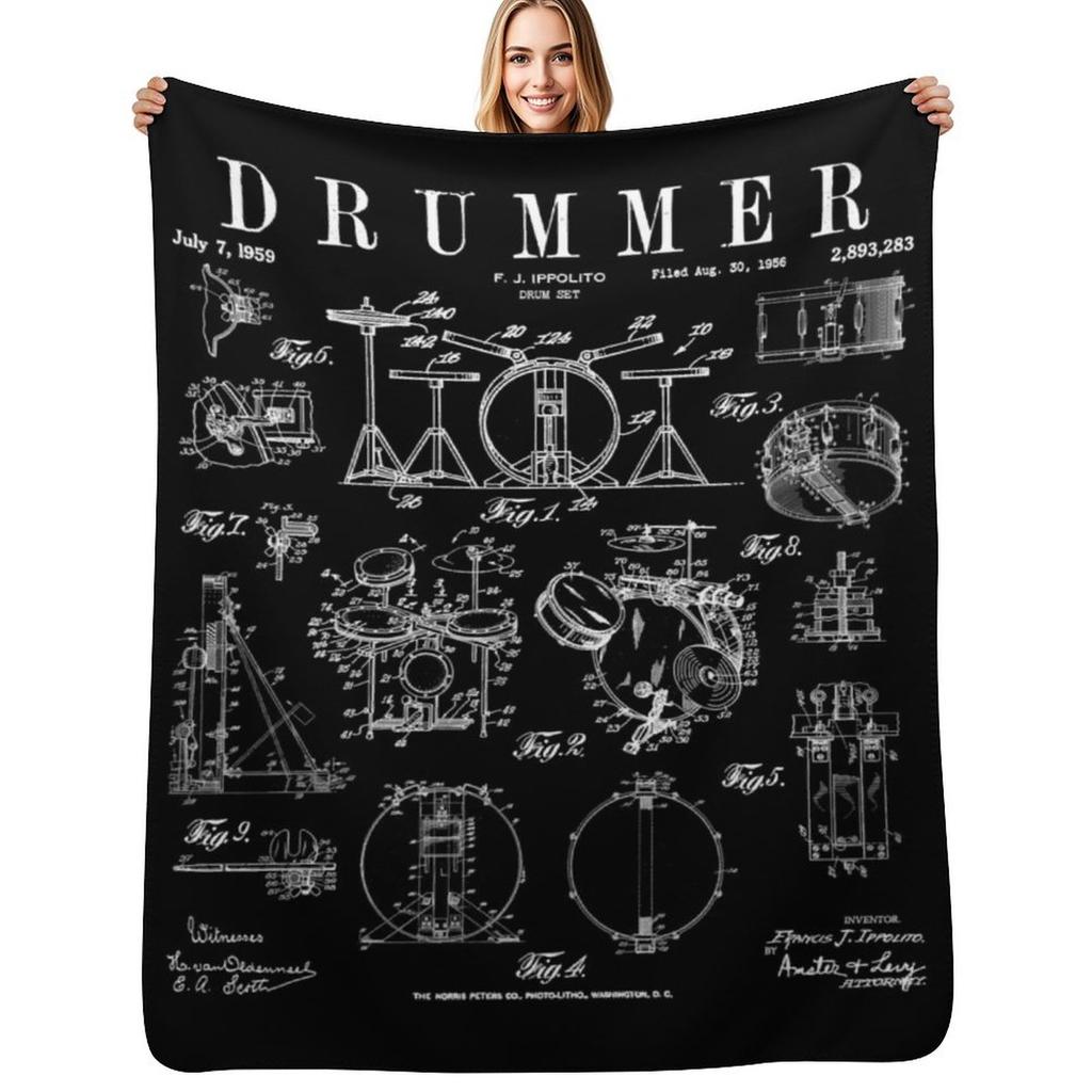 Drum Set Kit Vintage Patent Drummer Drawing Print Throw Blanket Men's Soft Warm Throw Blanket for Couch