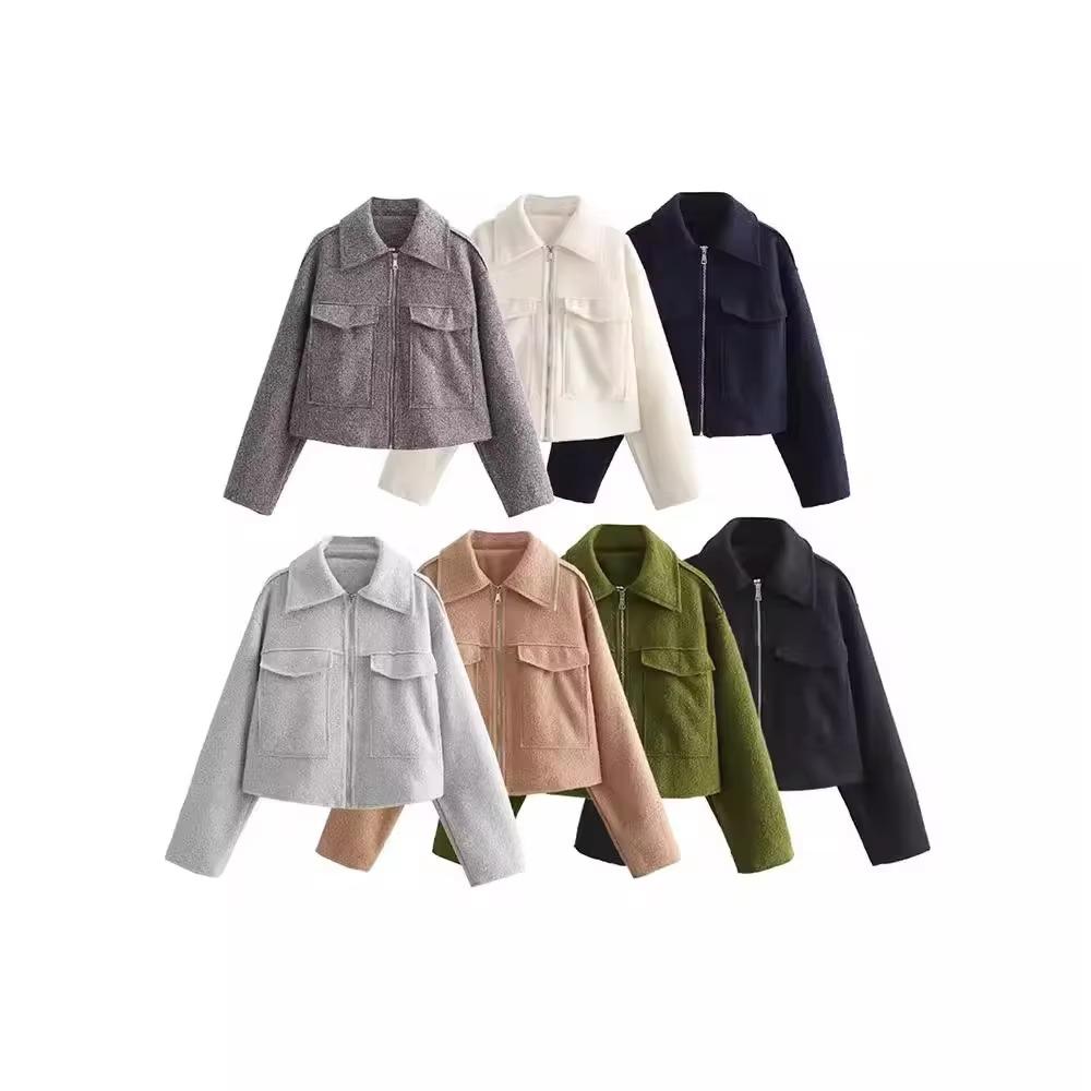 Autumn New Product Women's Fashion and Casual Versatile Polo Collar Long Sleeve Zipper Short Jacket Coat