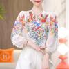 Женская рубашка в корейском стиле с оборками и цветочным принтом, элегантная шикарная блузка из шифона с V-образным вырезом и рукавами 3/4, весенне-летняя повседневная свободная блузка